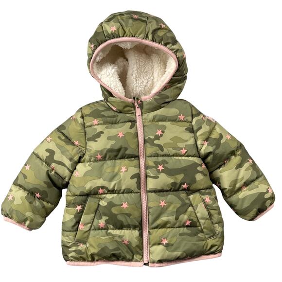 Baby Gap Cozy Soft Puffer Coat 2 yrs 2T Green Pink Camo Star Print Sherpa Lined - Picture 1 of 9